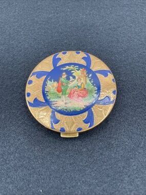 Vintage Zell Powder Compact with Victorian Lovers Scene Gold Blue